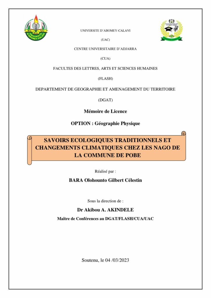 Article : SAVOIRS ECOLOGIQUES TRADITIONNELS ET CHANGEMENTS CLIMATIQUES CHEZ LES NAGO DE LA COMMUNE DE POBE